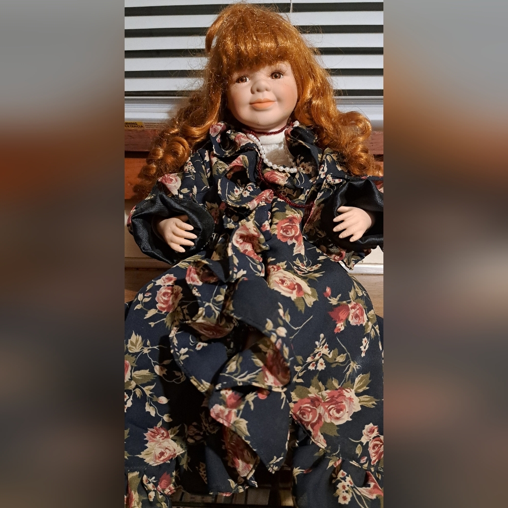 Sitting Red Hair/ Brown Eye Porcelain Doll Long Navy Floral Dress With Necklaces